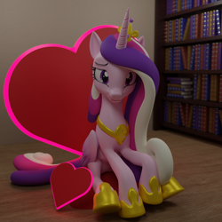 Size: 3840x3840 | Tagged: safe, artist:the luna fan, derpibooru exclusive, princess cadance, alicorn, pony, canterlot wedding 10th anniversary, g4, 3d, blender, blender cycles, book, bookshelf, crown, heart, high res, jewelry, library, looking at you, pillow, regalia, sitting, smiling, solo