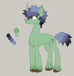 Size: 1225x1258 | Tagged: safe, artist:beetlebonez, oc, oc only, pony, unicorn, blue mane, brown eyes, curved horn, full body, green coat, horn, reference sheet, solo, standing
