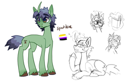 Size: 1728x1120 | Tagged: safe, artist:beetlebonez, oc, oc only, pony, unicorn, blue mane, book, brown eyes, curious, curved horn, doodle, excited, full body, green coat, horn, lgbt, nonbinary, simple background, solo, thinking, transparent background