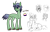 Size: 1728x1120 | Tagged: safe, artist:beetlebonez, oc, oc only, pony, unicorn, blue mane, book, brown eyes, curious, curved horn, doodle, excited, full body, green coat, horn, lgbt, nonbinary, simple background, solo, thinking, transparent background