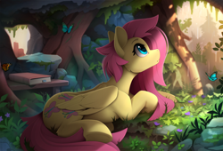 Size: 2500x1704 | Tagged: safe, artist:yakovlev-vad, fluttershy, butterfly, pegasus, pony, g4, book, bookmark, cute, daaaaaaaaaaaw, detailed background, female, folded wings, frog (hoof), high res, lacrimal caruncle, looking outside, looking up, lying down, mare, nature, prone, rain, shelter, shyabetes, slender, solo, thin, underhoof, wings