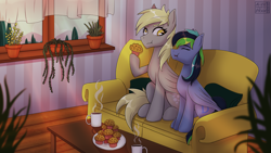 Size: 3840x2160 | Tagged: safe, artist:alicetriestodraw, derpy hooves, oc, oc:dark derp, pegasus, pony, g4, 4k, couch, duo, female, food, high res, mare, muffin, mug, pegasus oc, plants, sitting