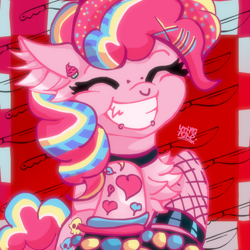 Size: 3000x3000 | Tagged: safe, artist:umbrapone, pinkie pie, earth pony, pony, g4, accessory, beads, checkered background, chest fluff, ear fluff, ear piercing, eyes closed, fangs, fishnet stockings, grin, hairpin, heart, high res, implied cupcakes, knife, lip piercing, looking at you, multicolored mane, multicolored tail, piercing, punkie pie, rawr, rawrified, scene kid, smiling, smiling at you, solo, tail