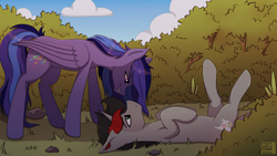 Size: 3840x2160 | Tagged: safe, artist:alicetriestodraw, oc, oc:cinder smith, oc:wild, pegasus, pony, unicorn, bush, high res, looking at each other, looking at someone, lying down, outdoors, smiling, smirk, standing over