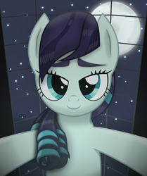 Size: 1920x2300 | Tagged: safe, artist:angryprogrockbrony, coloratura, earth pony, pony, bedroom eyes, female, high res, imminent sex, looking at you, looking down, looking down at you, mare, moon, night, offscreen character, pov, rara, smiling, smiling at you, solo, stars, window