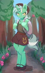 Size: 1250x2048 | Tagged: safe, artist:fajeh, lyra heartstrings, unicorn, semi-anthro, g4, arm hooves, backpack, cheek fluff, clothes, cutie mark on clothes, flower, fluffy, forest, hat, shoes, shoulder fluff, skirt, solo, tank top