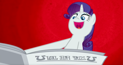 Size: 2027x1076 | Tagged: safe, edit, edited screencap, screencap, rarity, g4, ponyville confidential, big smile, foal free press, i'll destroy her, inverted mouth, newspaper, open mouth, red background, solo