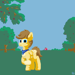 Size: 1024x1024 | Tagged: safe, artist:vohd, oc, oc only, oc:buttercup, oc:remnant, ghost, pegasus, pony, undead, animated, apple, armor, farm, fire, food, gif, glowing, glowing eyes, pixel art, sword, weapon