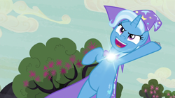 Size: 1280x720 | Tagged: safe, edit, edited screencap, screencap, trixie, pony, unicorn, g4, season 6, to where and back again, belly, bipedal, brooch, cape, clothes, female, flower, glowing, hat, jewelry, light up, open mouth, rearing, shine, smoke bomb, solo, tree, trixie's brooch, trixie's cape, trixie's glowing brooch, trixie's hat, wizard hat