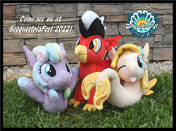Size: 1710x1275 | Tagged: safe, artist:peruserofpieces, oc, oc only, oc:phoenix, oc:taffy, oc:thunder, hippogriff, seapony (g4), :p, arm behind head, beak, convention, female, happy, irl, looking at you, male, mascot, one eye closed, photo, plushie, seapony oc, seaquestria fest, smiling, smiling at you, standing, tongue out, wings, wink, winking at you