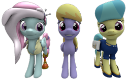 Size: 1161x723 | Tagged: safe, artist:topsangtheman, cloud kicker, golden hooves (g4), kerfuffle, earth pony, pegasus, pony, g4, 3d, looking at you, simple background, source filmmaker, transparent background
