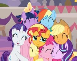Size: 1024x817 | Tagged: safe, artist:emeraldblast63, applejack, fluttershy, pinkie pie, rainbow dash, rarity, starlight glimmer, sunset shimmer, twilight sparkle, alicorn, earth pony, pegasus, pony, unicorn, comic:the tale of two sunsets, g4, the beginning of the end, ^^, alternate mane seven, bipedal, coronation, eyes closed, female, group hug, hug, mane six, mare, story included