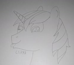Size: 2016x1760 | Tagged: safe, artist:cardshark777, shining armor, pony, unicorn, canterlot wedding 10th anniversary, g4, :p, bust, happy, male, monochrome, portrait, signature, simple background, solo, stallion, tongue out, traditional art