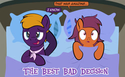 Size: 1920x1191 | Tagged: safe, artist:alexdti, oc, oc only, oc:dark purple, oc:purple creativity, oc:vee, pegasus, pony, comic:the dark purple, bed, dialogue, duo, duo male and female, female, high angle, hooves behind head, implied sex, lidded eyes, lying down, male, mare, on back, on bed, open mouth, open smile, pegasus oc, pillow, rule 63, shrunken pupils, smiling, speech bubble, stallion