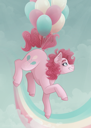 Size: 2480x3507 | Tagged: safe, artist:kikirdcz, pinkie pie, earth pony, pony, balloon, cloud, cute, diapinkes, female, floating, grin, mare, pinkie being pinkie, rainbow, sky, smiling, solo, then watch her balloons lift her up to the sky, unshorn fetlocks