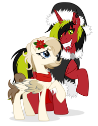 Size: 2342x3024 | Tagged: safe, artist:rioshi, artist:starshade, oc, oc only, oc:melony sweetsong, oc:pynoka, pegasus, pony, unicorn, 2022, base used, black sclera, blue eyes, colored sclera, cute, ear fluff, ears, equine, fangs, female, finished commission, fluffy, fur, green eyes, grin, hair, happy new year, head fluff, high res, holiday, looking at something, male, pegasus oc, red body, simple background, sitting, smiling, stallion, starry eyes, stars, tail, white background, wingding eyes, wings