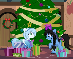 Size: 2500x2028 | Tagged: safe, artist:dianamur, artist:rioshi, artist:starshade, oc, oc only, oc:pearl wind, oc:siana floral, pegasus, pony, 2022, base used, blue eyes, braid, christmas, christmas tree, christmas wreath, cute, ears, equine, fangs, female, fluffy, fur, green eyes, grin, hair, happy new year, head fluff, high res, holiday, looking at something, male, pegasus oc, present, scrunchy face, sitting, smiling, tail, tail wrap, tree, unshorn fetlocks, wings, wreath