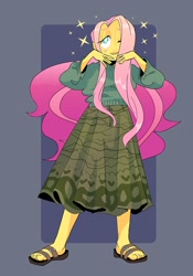 Size: 1051x1500 | Tagged: safe, artist:stevetwisp, fluttershy, human, g4, clothes, feet, hair over one eye, humanized, long skirt, one eye closed, open-toed shoes, pony coloring, sandals, skirt, solo, sparkles, sweater, toes, white pupils