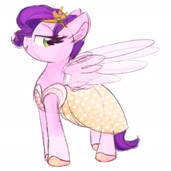 Size: 2040x2042 | Tagged: safe, artist:lbrcloud, pipp petals, pegasus, pony, g5, clothes, dress, female, high res, lidded eyes, looking at you, mare, open mouth, open smile, profile, simple background, smiling, smiling at you, solo, spread wings, white background, wings