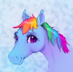 Size: 829x815 | Tagged: source needed, safe, artist:xbi, rainbow dash, horse, pony, g4, blue background, bust, female, hoers, mare, portrait, semi-realistic, simple background, solo
