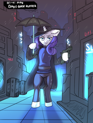 Size: 2000x2650 | Tagged: safe, artist:freak-side, rarity, unicorn, semi-anthro, g4, arm hooves, blade runner, city, clothes, crossover, gun, hat, high res, jacket, pants, rain, solo, umbrella, weapon
