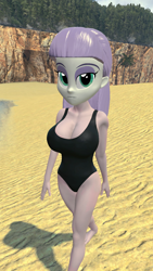Size: 900x1600 | Tagged: safe, artist:oatmeal!, maud pie, human, equestria girls, g4, 3d, beach, big breasts, black swimsuit, breasts, busty maud pie, clothes, gmod, looking at you, neutral, one-piece swimsuit, sexy, solo, swimsuit, walking, wide hips
