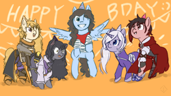 Size: 1920x1080 | Tagged: safe, artist:metaruscarlet, oc, oc:badgering badger, cat, cat pony, cyborg, earth pony, original species, pegasus, pony, unicorn, amputee, bandana, banner, belt, birthday, birthday gift, blake belladonna, boots, cape, cloak, clothes, coat, crossover, dress, eye scar, fangs, female, fingerless gloves, gloves, grin, hat, high heel boots, jacket, jeans, male, mare, one eye closed, open mouth, orange background, pants, party hat, ponified, prosthetic limb, prosthetics, ruby rose, rwby, scar, shirt, shoes, simple background, skirt, smiley face, smiling, stallion, weiss schnee, wink, yang xiao long