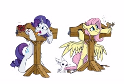 Size: 3300x2250 | Tagged: safe, artist:rutkotka, angel bunny, fluttershy, rarity, bird, pegasus, pony, rabbit, unicorn, g4, abuse, animal, bipedal, bondage, disgusted, female, flutterbuse, food, frown, high res, horn, horn ring, lock, magic suppression, male, mare, music notes, open mouth, padlock, punishment, raribuse, ring, simple background, smiling, stocks, tomato, tongue out, unsexy bondage, violence, white background