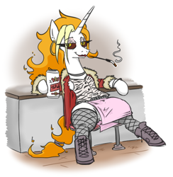 Size: 530x543 | Tagged: safe, artist:jargon scott, oc, oc only, oc:dyx, alicorn, pony, alcohol, alicorn oc, beer, beer can, boots, cigarette, cigarette holder, clothes, eye clipping through hair, eyebrows, eyebrows visible through hair, female, fishnet stockings, horn, jacket, looking at you, mare, shirt, shoes, sitting, smiling, smiling at you, smoking, solo