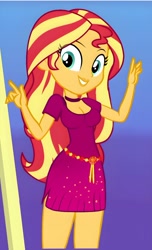 Size: 1440x2375 | Tagged: safe, artist:sapphire, edit, edited screencap, editor:sapphire, screencap, sunset shimmer, human, equestria girls, g4, i'm on a yacht, my little pony equestria girls: better together, breasts, busty sunset shimmer, cleavage, clothes, eye clipping through hair, female, grin, legs, lipstick, looking at you, skirt, smiling, smiling at you, solo