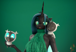 Size: 3192x2160 | Tagged: safe, artist:donglysfm, queen chrysalis, changeling, changeling larva, changeling queen, nymph, anthro, canterlot wedding 10th anniversary, g4, 3d, :p, backless, clothes, cute, cute little fangs, cuteling, fangs, female, high res, mommy chrissy, open-back sweater, revamped anthros, sleeveless sweater, source filmmaker, sweater, tongue out, virgin killer sweater, watermark