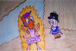 Size: 1280x854 | Tagged: safe, artist:dex stewart, scootaloo, spike, dragon, anthro, plantigrade anthro, g4, clothes, dress, female, male, request, ship:scootaspike, shipping, straight, traditional art