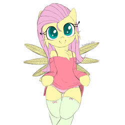 Size: 1080x1080 | Tagged: safe, artist:fajnyziomal, fluttershy, pegasus, pony, semi-anthro, g4, arm hooves, bipedal, cheek fluff, chest fluff, clothes, commission, panties, simple background, smiling, socks, solo, spread wings, stockings, thigh highs, underwear, white background, wings, your character here