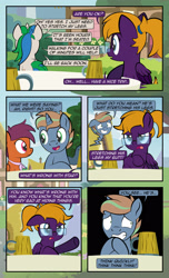 Size: 1920x3168 | Tagged: safe, artist:alexdti, oc, oc only, oc:brainstorm (alexdti), oc:purple creativity, oc:star logic, oc:vee, pegasus, pony, unicorn, comic:quest for friendship, comic, crossed hooves, dialogue, eye contact, female, floppy ears, folded wings, glasses, grammar error, grin, high res, hooves, horn, looking at each other, looking at someone, male, mare, nervous, nervous smile, open mouth, open smile, outdoors, pegasus oc, pointing, ponytail, raised eyebrow, shrunken pupils, smiling, speech bubble, stallion, two toned mane, underhoof, unicorn oc, wings