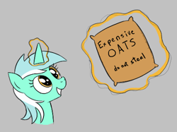 Size: 440x329 | Tagged: safe, lyra heartstrings, pony, unicorn, g4, aggie.io, do not steal, expensive imported oats, female, food, glowing, glowing horn, horn, l.u.l.s., magic, mare, oats, ponybooru import, simple background, smiling, stealing, telekinesis, that pony sure does love oats, thief