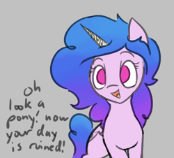 Size: 479x433 | Tagged: artist needed, safe, izzy moonbow, pony, unicorn, g5, aggie.io, female, gray background, mare, meme, reaction image, ruined, simple background, solo, talking, text, your day is ruined