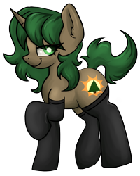 Size: 1612x2016 | Tagged: safe, artist:dumbwoofer, oc, oc only, oc:pine shine, pony, unicorn, clothes, female, looking at you, mare, raised tail, side view, simple background, smiling, socks, solo, tail, transparent background