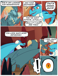 Size: 857x1120 | Tagged: safe, artist:queencold, dragon lord torch, princess ember, dragon, comic:awaken, g4, cave, comic, dragon lord ember, dragoness, female, male, shocked, speech bubble, water