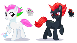 Size: 2140x1204 | Tagged: safe, artist:rainbow eevee, pony, unicorn, adopt me!, animal in mlp form, base used, colored pupils, duo, evil unicorn, eyelashes, glowing, glowing eyes, glowing horn, horn, multicolored mane, no cutie marks because im lazy, pink eyes, red eyes, red mane, roblox, simple background, transparent background