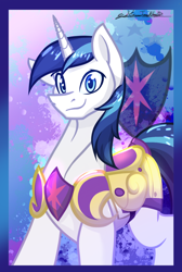 Size: 1000x1485 | Tagged: safe, artist:staceyld636, shining armor, pony, unicorn, canterlot wedding 10th anniversary, g4, armor, bust, looking at you, male, portrait, shiny, smiling, smiling at you, solo, stallion