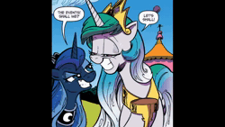 Size: 1280x720 | Tagged: safe, idw, princess celestia, princess luna, g4, conbons, crown, duo, fake smile, grin, jewelry, regalia, royal sisters, siblings, sisters, smiling, sound, sound only, voice acting, webm