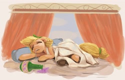 Size: 3120x1993 | Tagged: safe, artist:applephil, applejack, earth pony, pony, g4, alcohol, alternate hairstyle, bed, clothes, drool, drunk, drunk aj, female, lying down, majestic as fuck, mare, on side, solo, toga, underhoof, wine