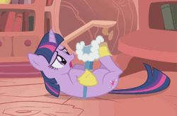Size: 763x501 | Tagged: safe, screencap, twilight sparkle, pony, unicorn, g4, season 1, winter wrap up, adorable distress, animated, animated screencap, animation error, boots, cold opening, cropped, cute, female, golden oaks library, loop, lying down, mare, on back, round belly, saddle, shoes, solo, tack, twiabetes, unicorn twilight