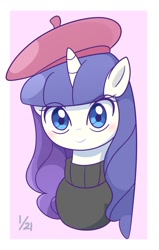 Size: 863x1361 | Tagged: safe, artist:auntie_grub, rarity, pony, unicorn, g4, beatnik rarity, beret, blue eyes, blushing, bust, clothes, cute, eyebrows, eyebrows visible through hair, female, hat, horn, looking at you, mare, passepartout, pink background, raribetes, simple background, smiling, smiling at you, solo, sweater, turtleneck, white background