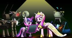 Size: 2791x1493 | Tagged: safe, artist:questionmarkdragon, princess cadance, twilight sparkle, alicorn, pony, unicorn, fallout equestria, g4, assaultron, duo, duo female, fallout, female, glowing, glowing horn, high res, horn, levitation, magic, magic aura, mare, mister gutsy, mister handy, open mouth, sisters-in-law, telekinesis, unicorn twilight