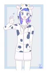 Size: 977x1471 | Tagged: safe, artist:auntie_grub, rarity, human, equestria girls, g4, animal costume, clothes, costume, cow costume, cowprint, female, heart, hoodie, looking at you, open mouth, open smile, raricow, simple background, smiling, smiling at you, solo, waving, waving at you, white background