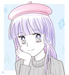 Size: 949x1029 | Tagged: safe, artist:auntie_grub, rarity, human, equestria girls, g4, beatnik rarity, beret, clothes, cute, female, hat, looking at you, raribetes, simple background, smiling, smiling at you, solo, sweater, white background