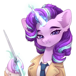 Size: 3000x3000 | Tagged: safe, artist:konejo, starlight glimmer, pony, unicorn, collaboration:choose your starlight, g4, castiel, clothes, coat, collaboration, eyebrows, female, frown, glowing, glowing horn, high res, horn, knife, magic, magic aura, mare, necktie, shirt, simple background, solo, supernatural, teeth, telekinesis, weapon, white background