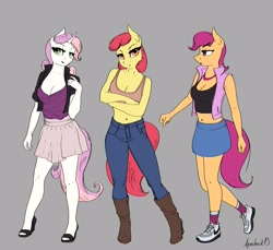Size: 2622x2397 | Tagged: safe, artist:apocheck13, apple bloom, scootaloo, sweetie belle, earth pony, pegasus, unicorn, anthro, plantigrade anthro, g4, boots, breasts, cleavage, clothes, crossed arms, cutie mark crusaders, denim skirt, female, gray background, high heel boots, high heels, high res, midriff, miniskirt, older, older apple bloom, older scootaloo, older sweetie belle, reasonably sized breasts, shoes, simple background, skirt, skirtaloo, socks, trio, trio female