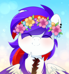 Size: 1000x1068 | Tagged: safe, artist:loyaldis, oc, oc only, oc:chiseled amethyst, pegasus, pony, blushing, cute, ear piercing, earring, floral head wreath, flower, happy, jewelry, male, multicolored mane, ocbetes, piercing, smiling, solo, stallion